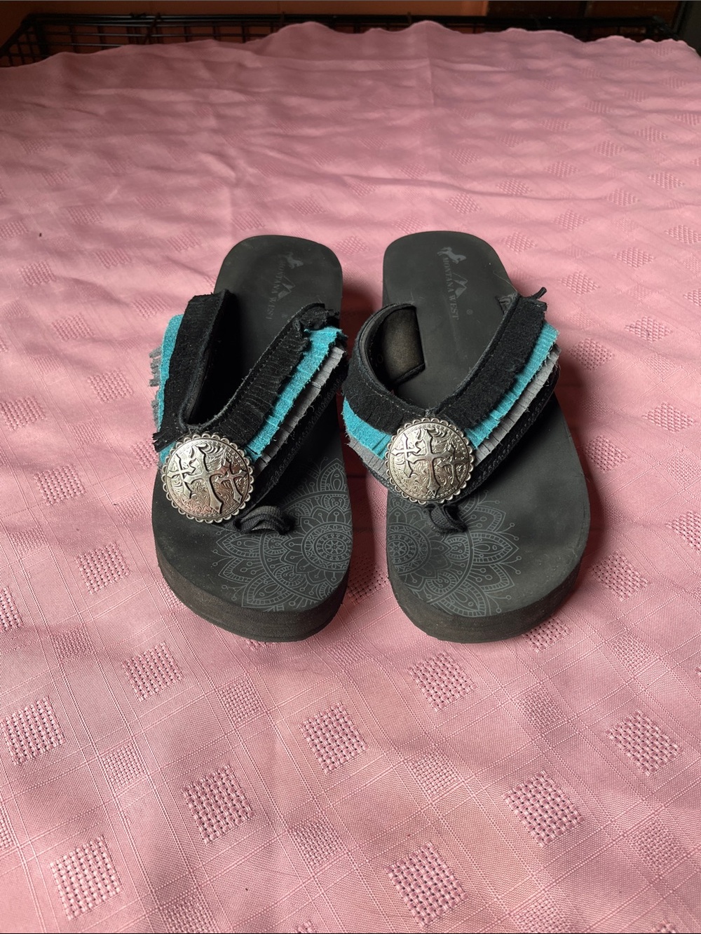Montana West Black Sandal with Turquoise Trim and Silver Concho